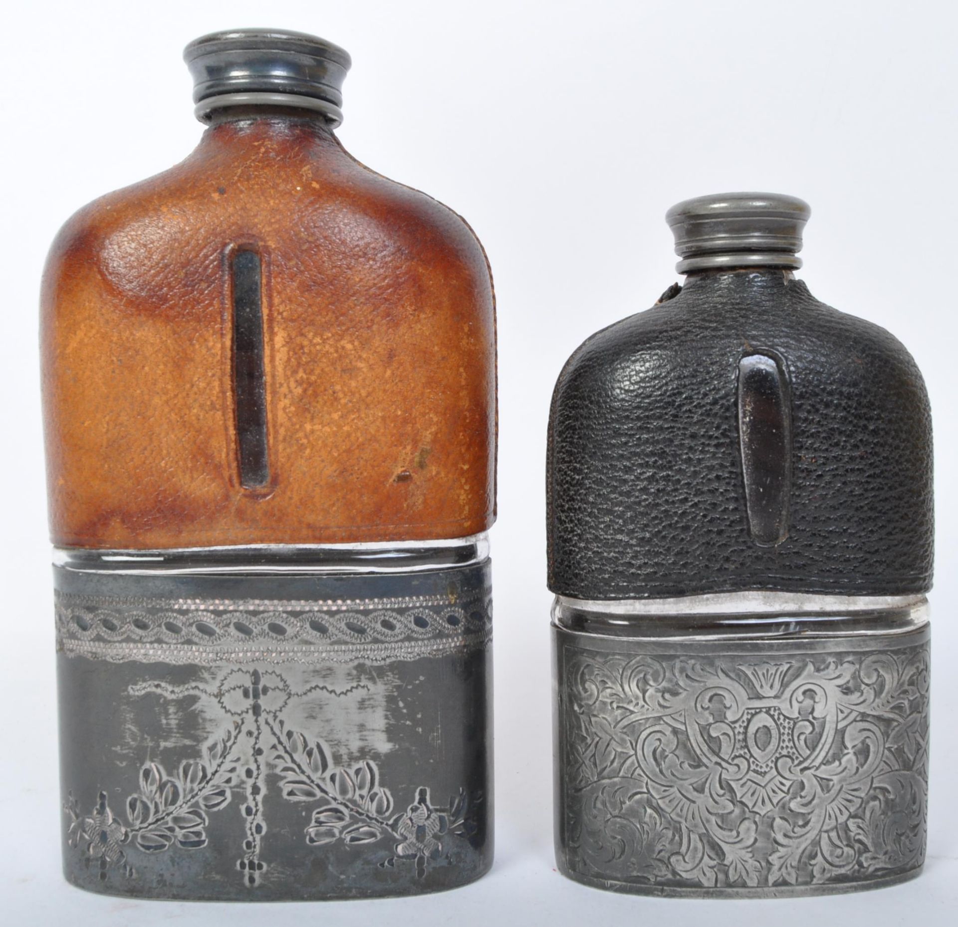 TWO 19TH CENTURY SILVER PLATE LEATHER & GLASS HIP FLASKS - Image 2 of 5