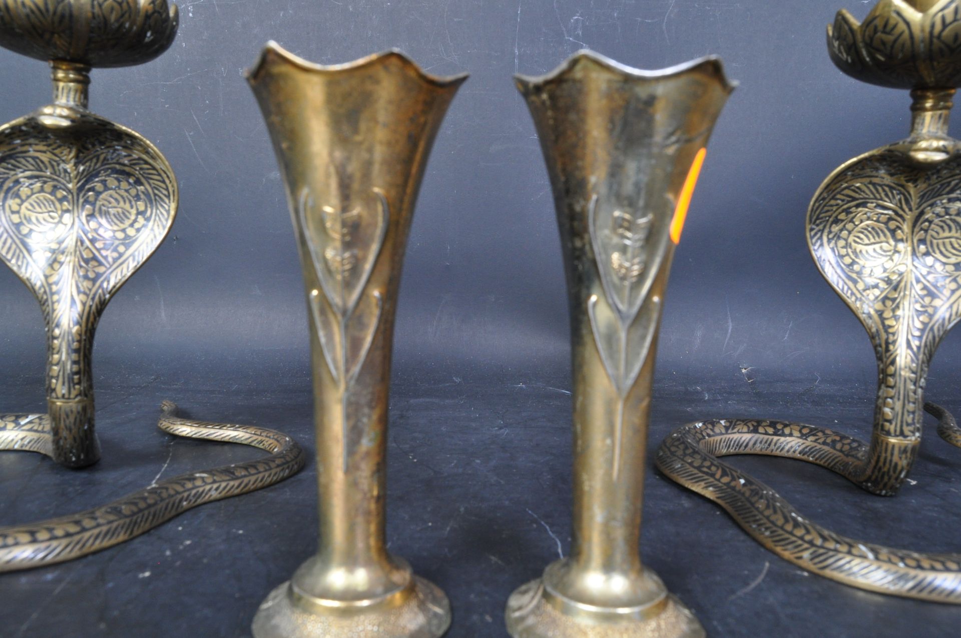 PAIR OF PERSIAN NIELLO CANDLESTICKS & NOUVEAU BUD VASES - Image 2 of 5