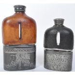 TWO 19TH CENTURY SILVER PLATE LEATHER & GLASS HIP FLASKS