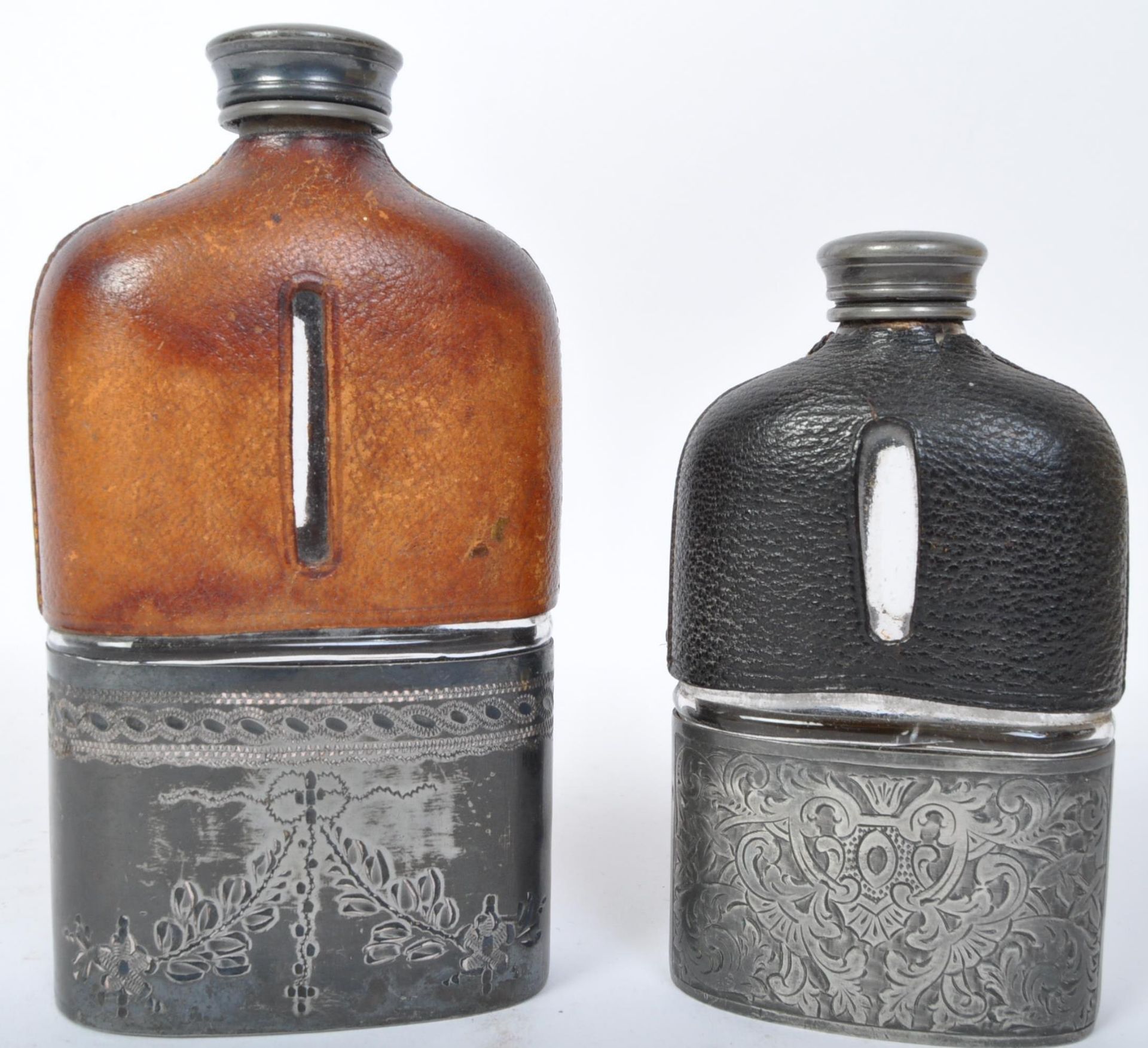 TWO 19TH CENTURY SILVER PLATE LEATHER & GLASS HIP FLASKS