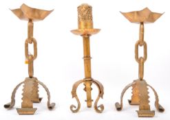 THREE GILDED METAL BRUTALIST MARY HOSSACK STYLE CANDLESTICKS