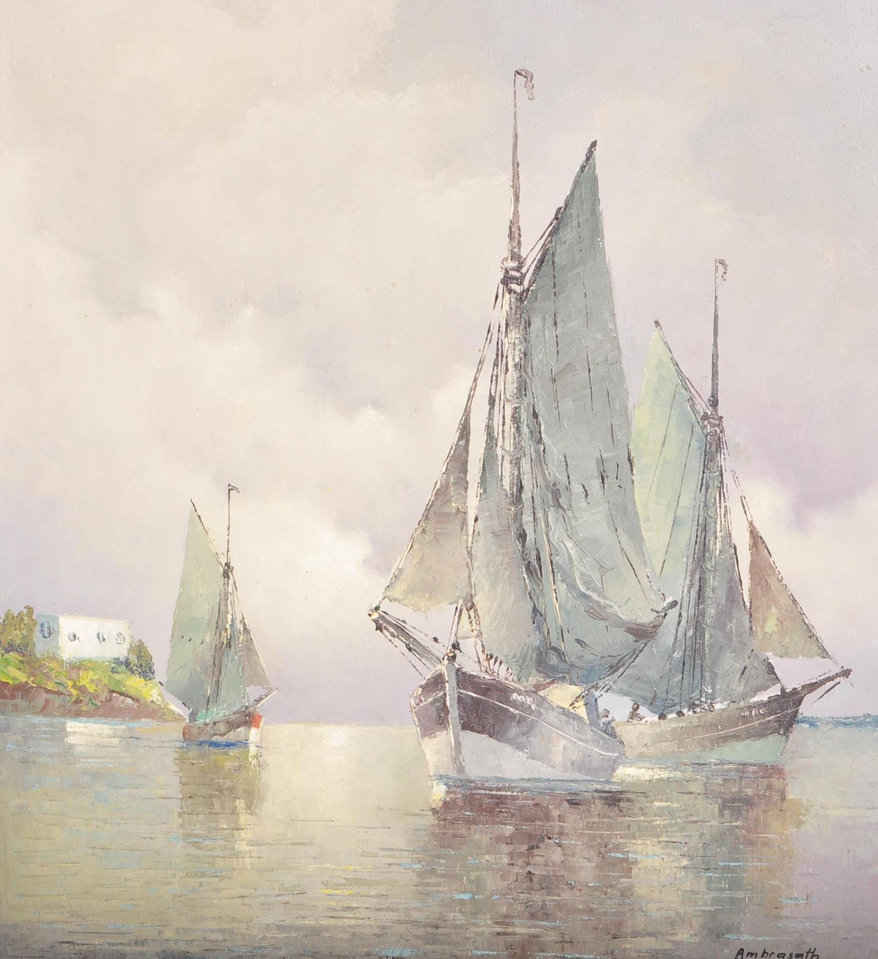 FRANZ AMBRASATH - 20TH CENTURY MOORED SHIPS OIL ON CANVAS - Image 2 of 9