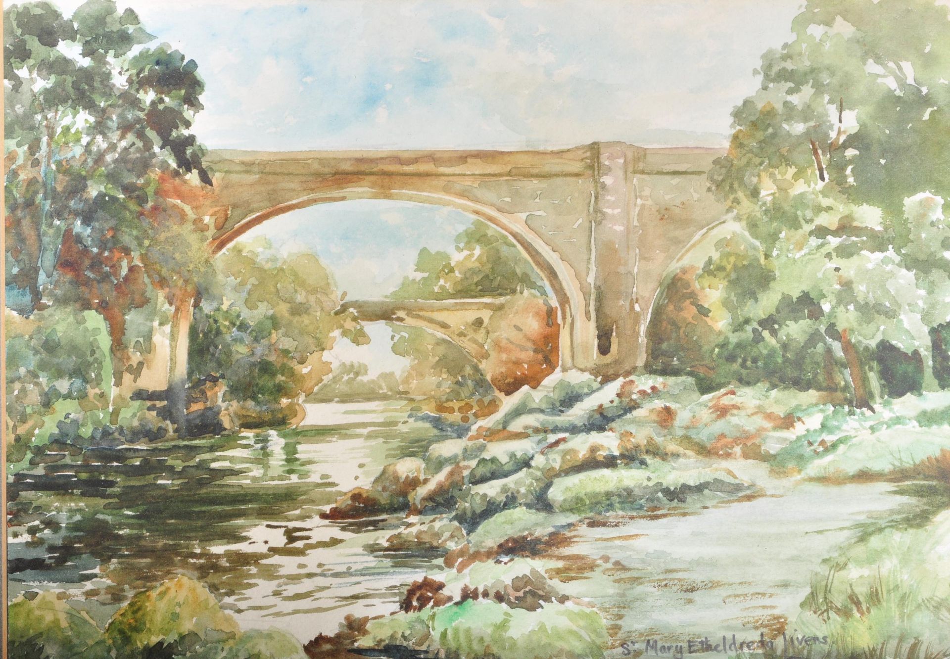 IRISH SCHOOL 20TH CENTURY WATERCOLOUR OF TWO BRIDGES - Image 3 of 5