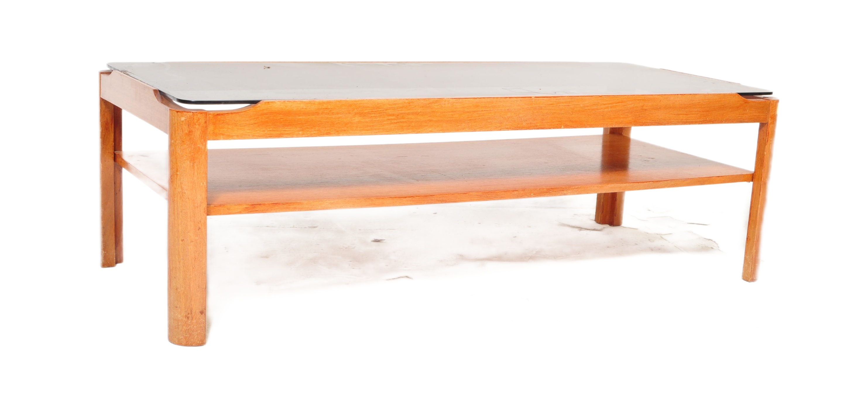 RETRO 1970S MYERS TEAK SMOKED GLASS COFFEE TABLE