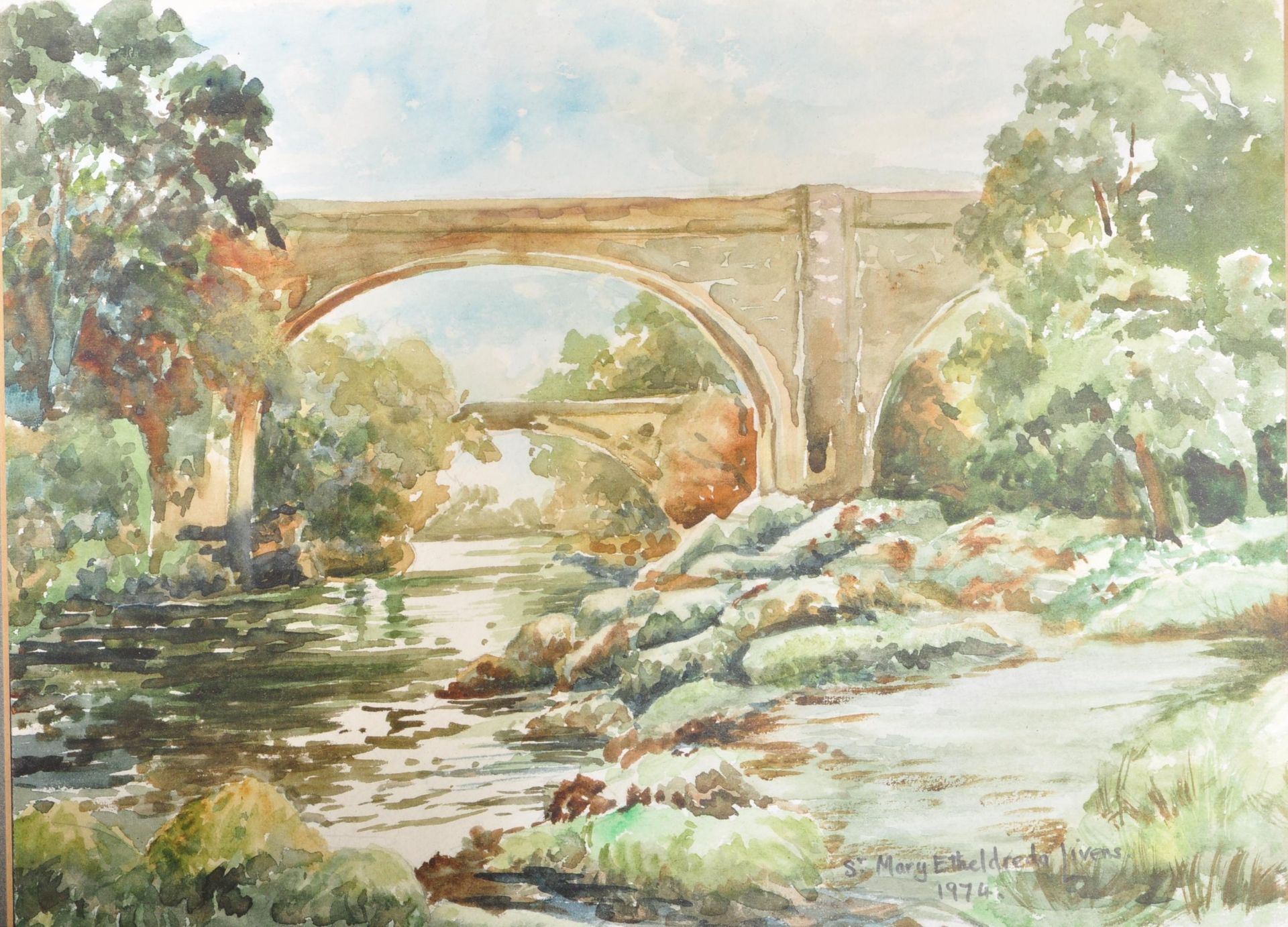 IRISH SCHOOL 20TH CENTURY WATERCOLOUR OF TWO BRIDGES - Image 2 of 5