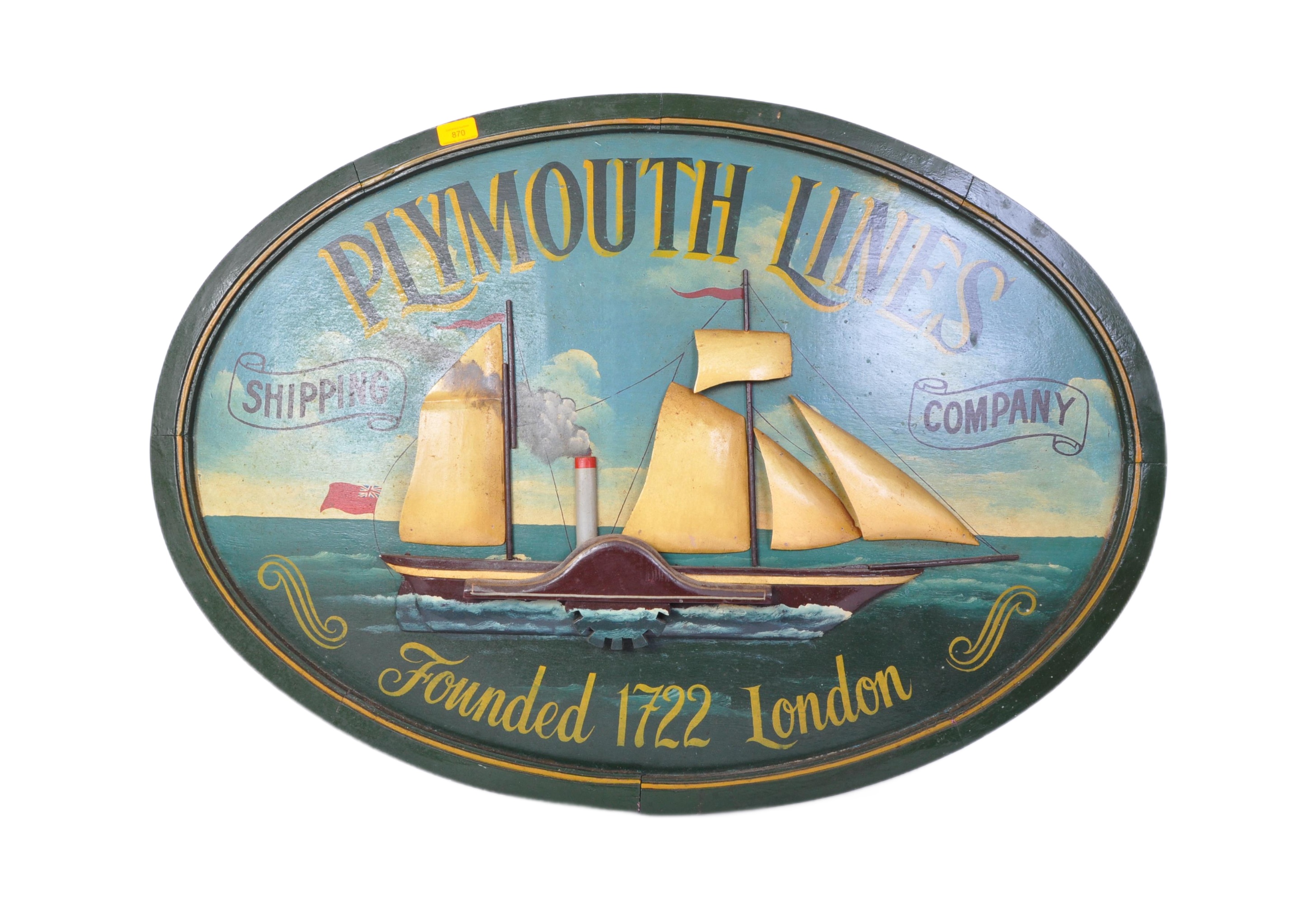 20TH CENTURY OVAL WOODEN PLYMOUTH LINES SHIPPING COMPANY SIGN