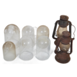 TWO GAS LANTERNS & COLLECTION OF GLASS CLOCK DOMES