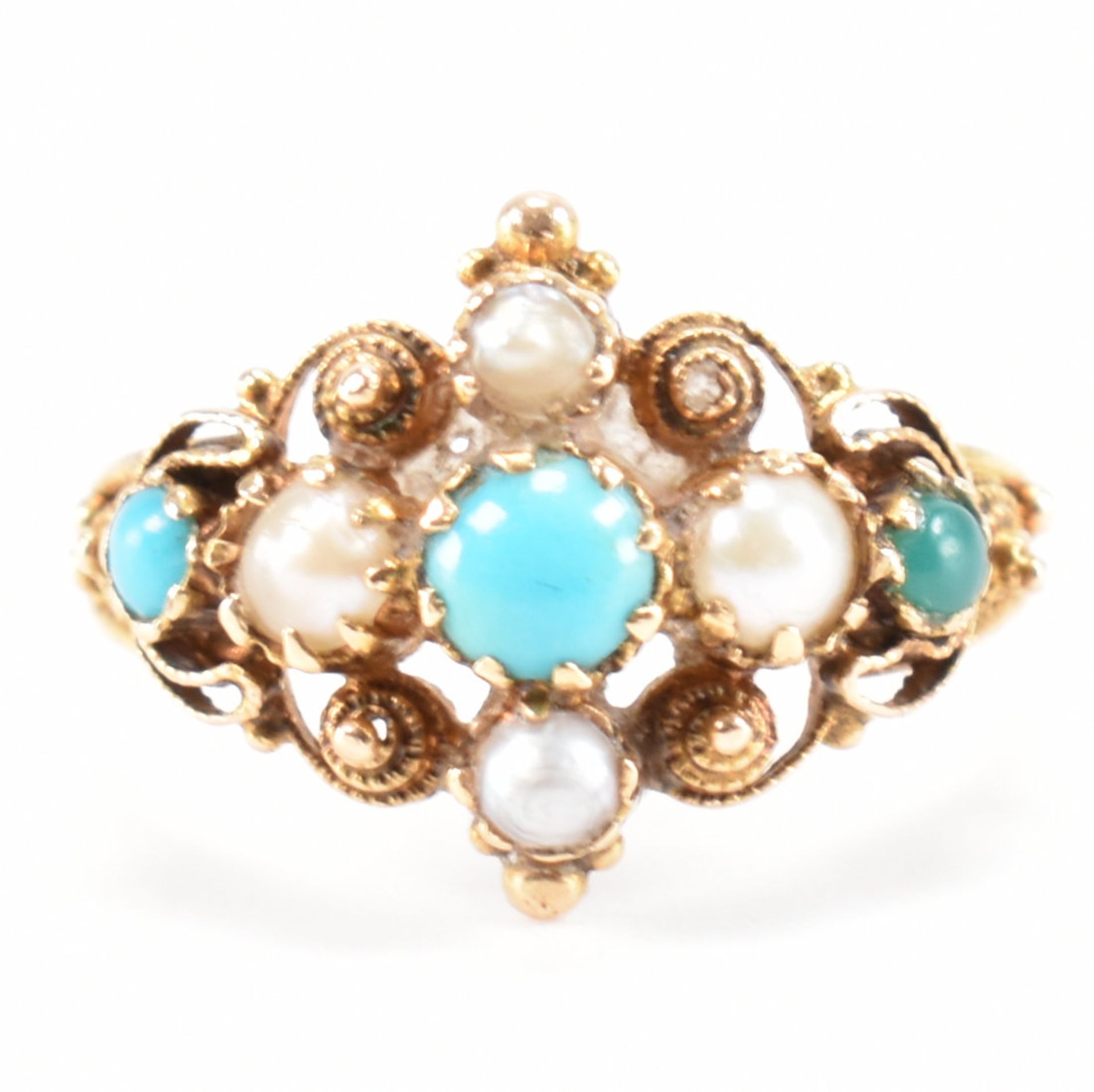 GEORGIAN TURQUOISE & PEARL CANNETILLE RING