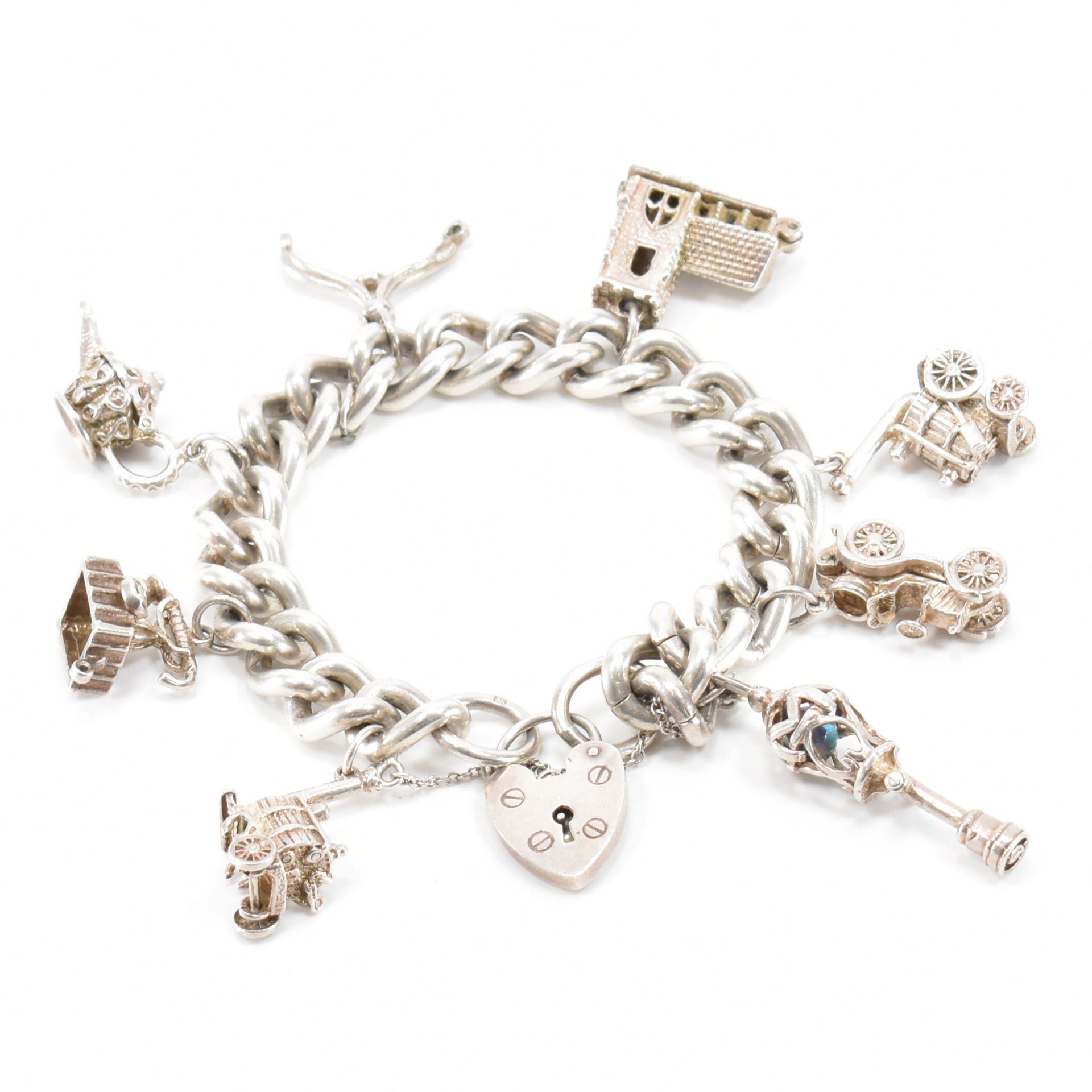 HALLMARKED SILVER HEART PADLOCK CHARM BRACELET