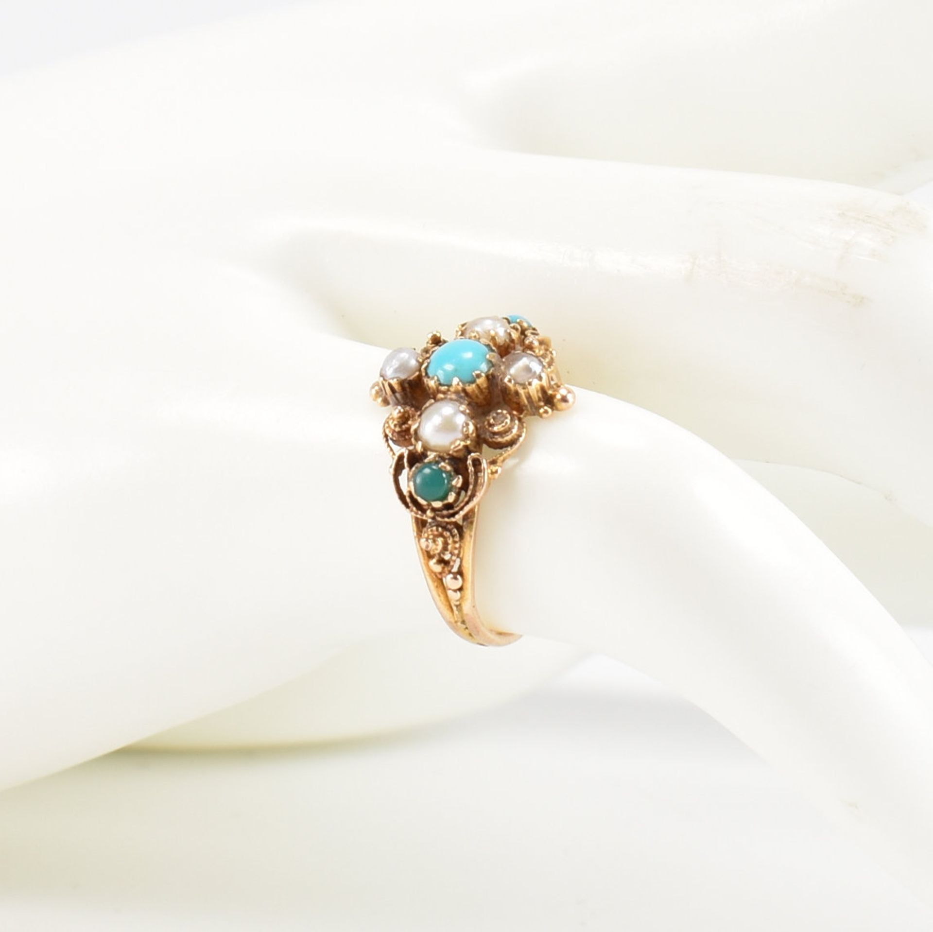 GEORGIAN TURQUOISE & PEARL CANNETILLE RING - Image 7 of 7