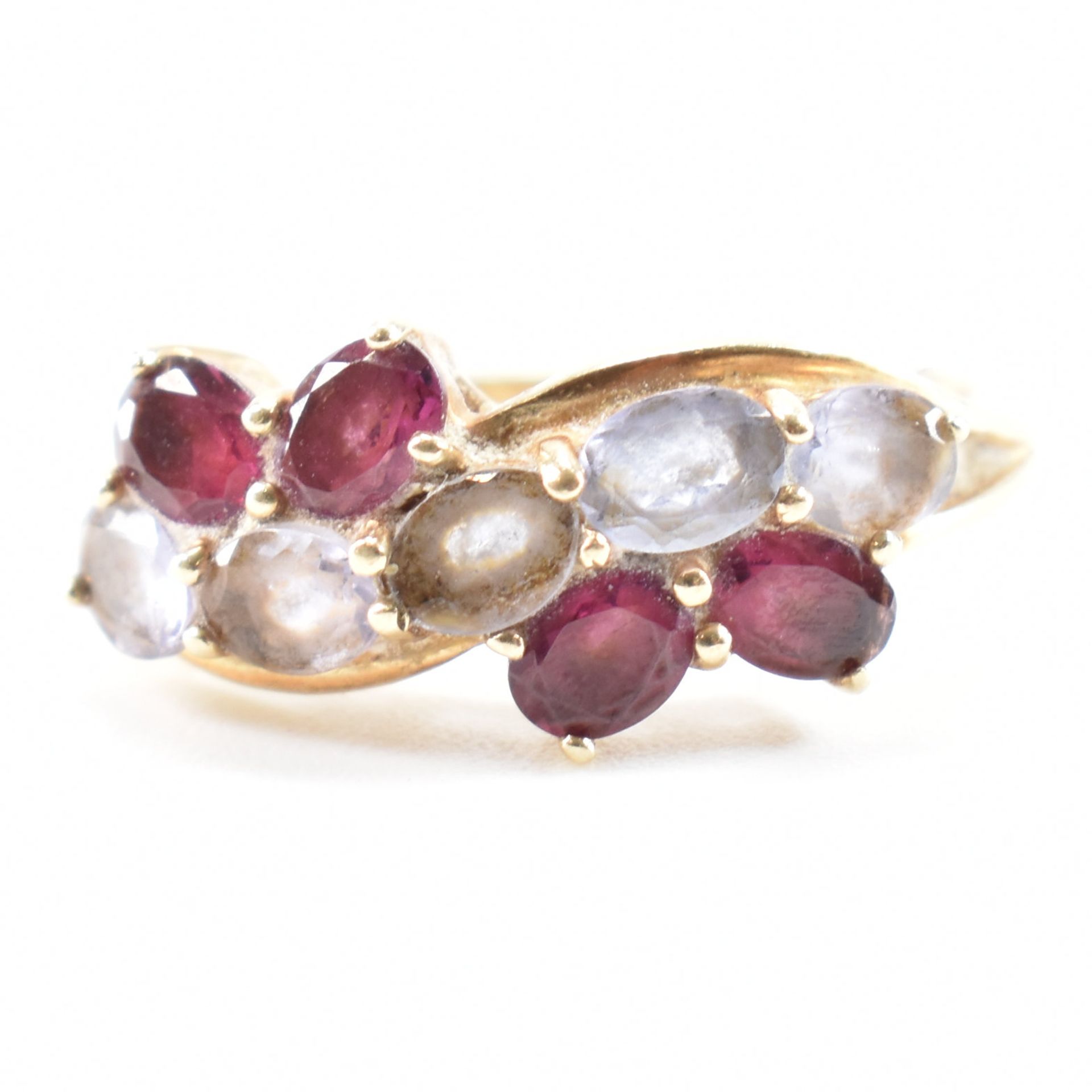 HALLMARKED 9CT GOLD AMETHYST & GARNET CROSSOVER RING