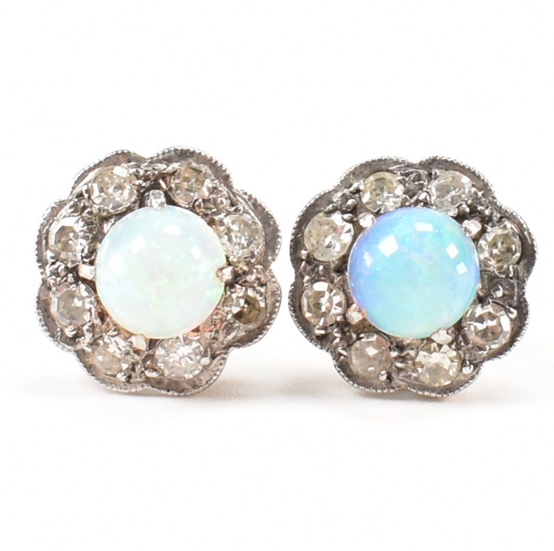 1920s 18CT GOLD DIAMOND & OPAL CLUSTER STUD EARRINGS