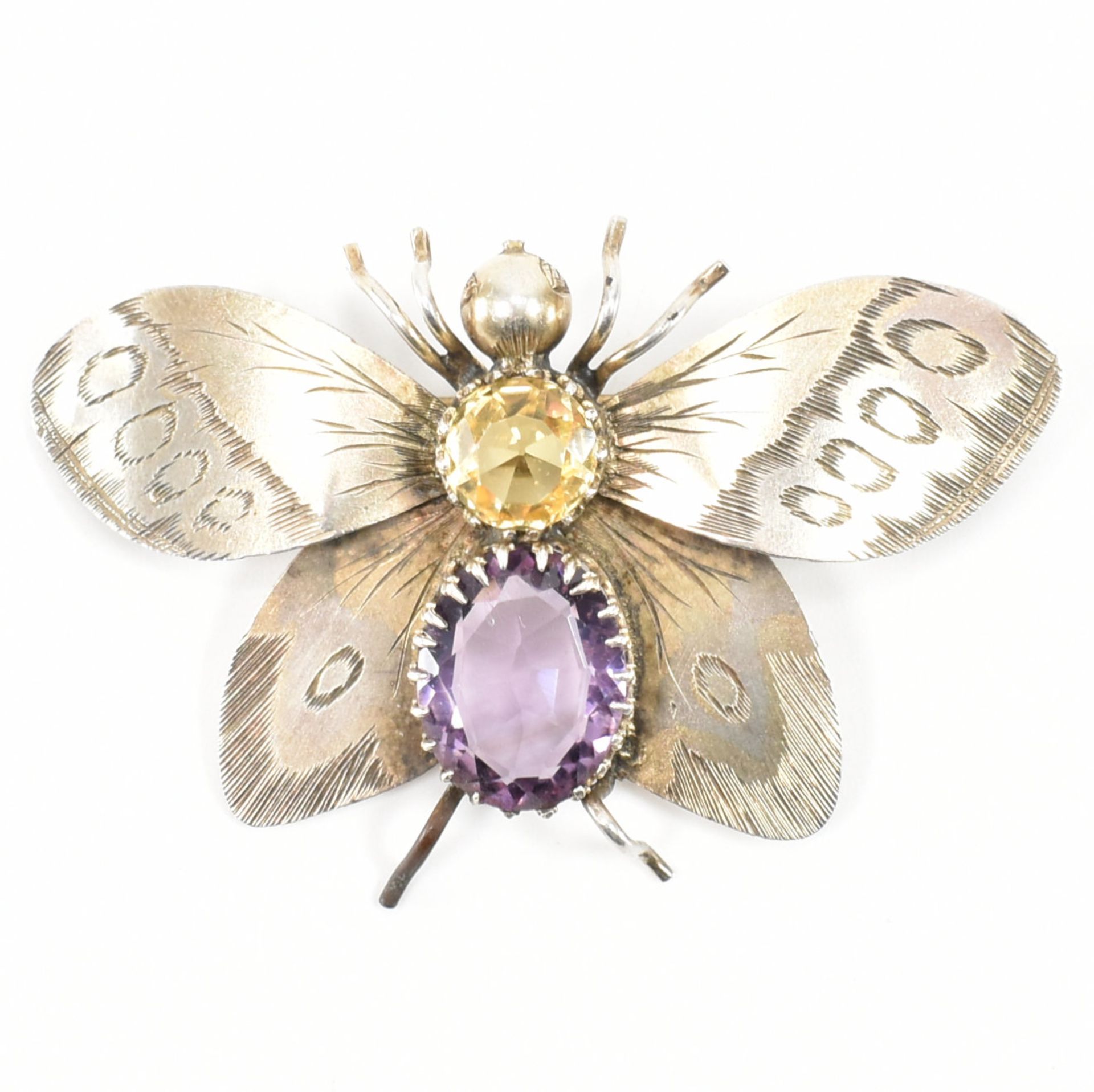 VICTORIAN SILVER AMETHYST & CITRINE BUTTERFLY BROOCH