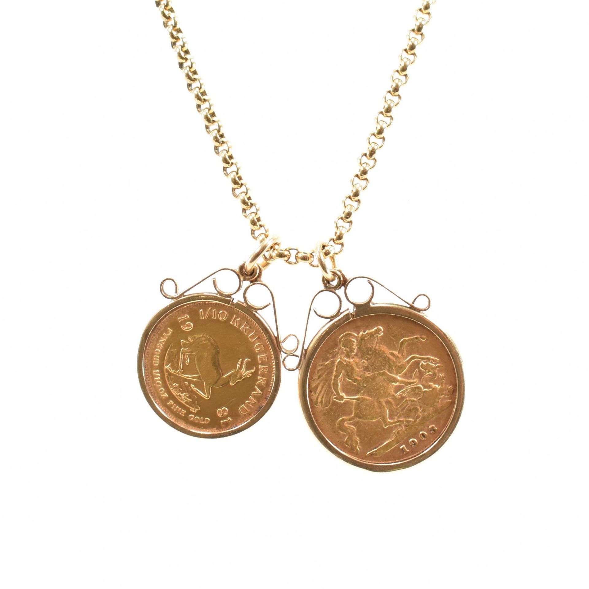 HALLMARKED 9CT GOLD NECKLACE WITH HALF SOVEREIGN & 1/10 KRUGERRAND - Image 2 of 3