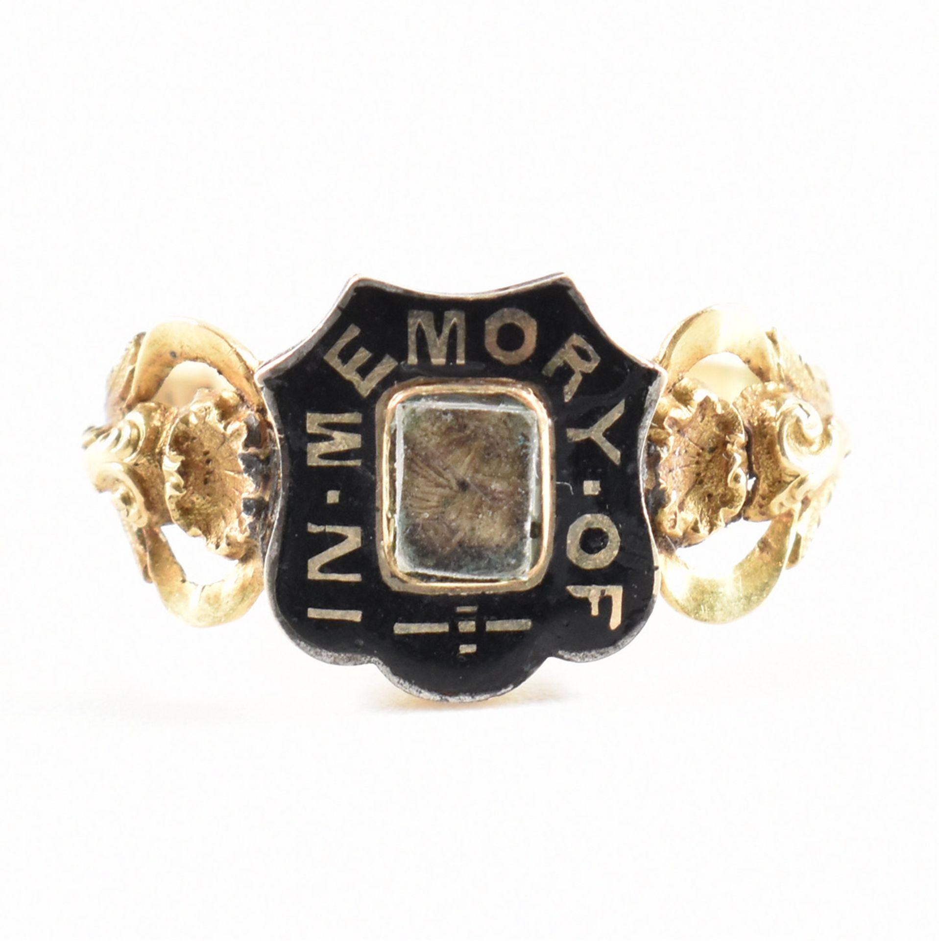 HALLMARKED 18CT GOLD ENAMEL & HAIR WORK MOURNING RING