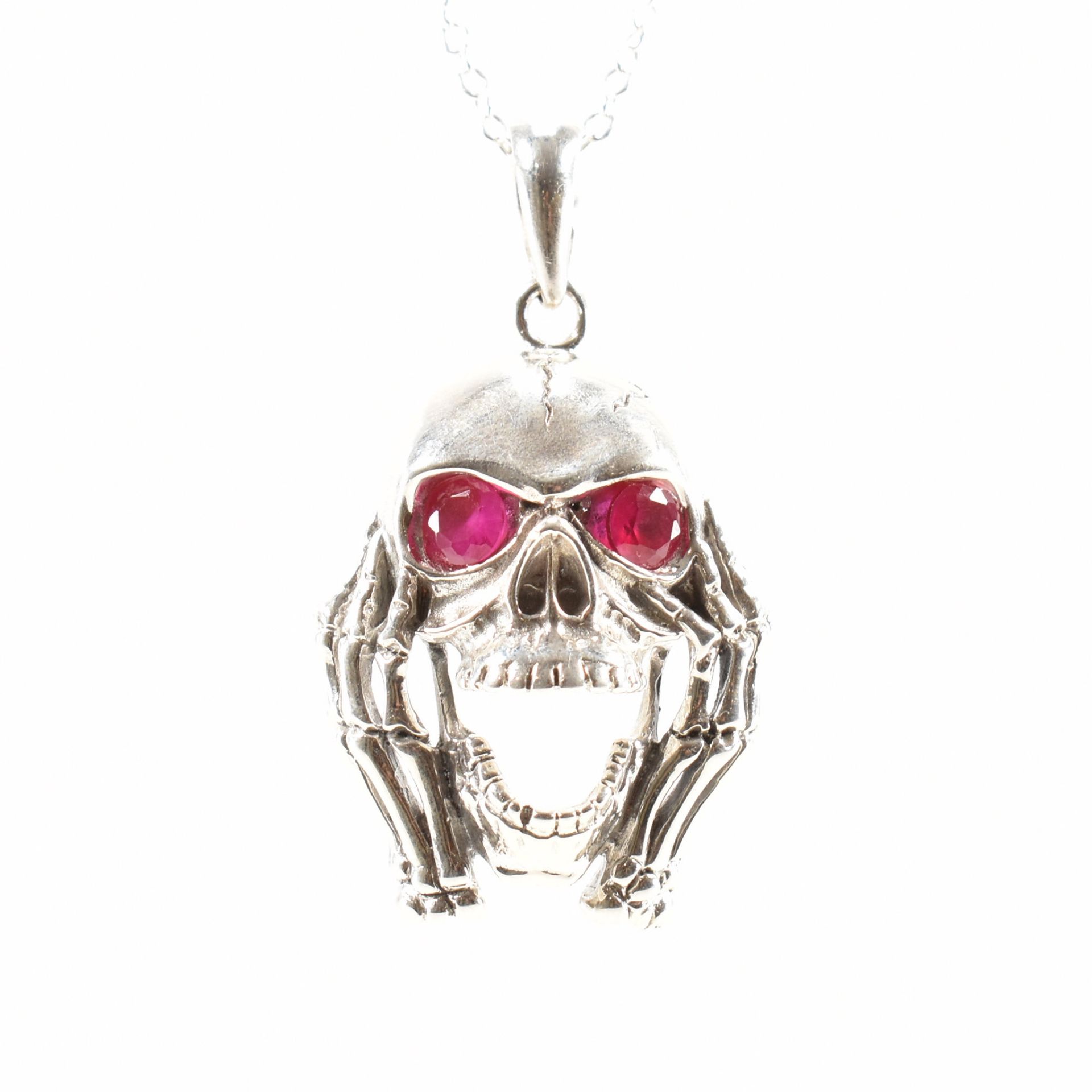 STERLING SILVER & RUBY SKULL NECKLACE PENDANT & CHAIN