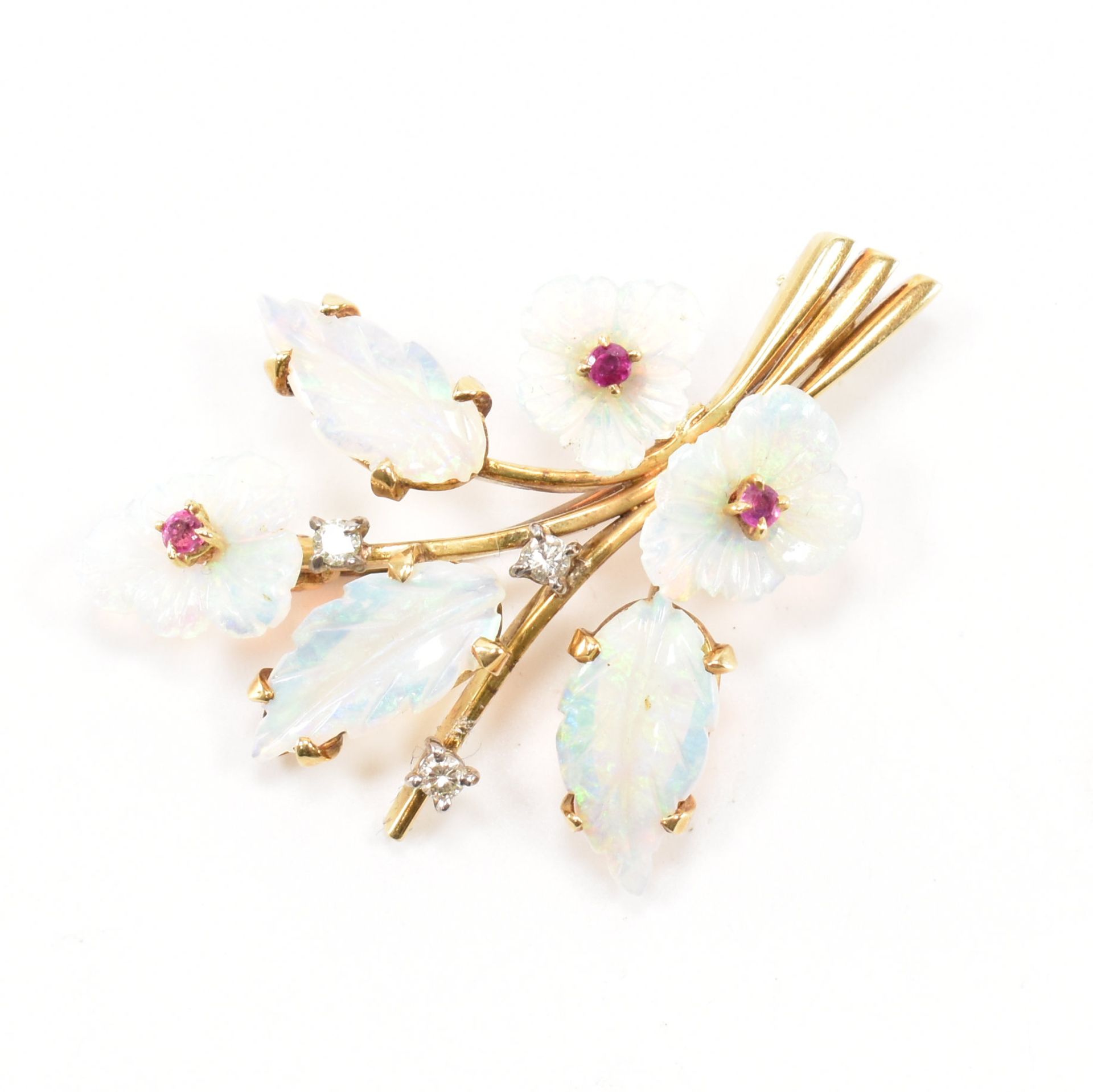 HALLMARKED 18CT GOLD OPAL RUBY & DIAMOND FLORAL SPRAY BROOCH