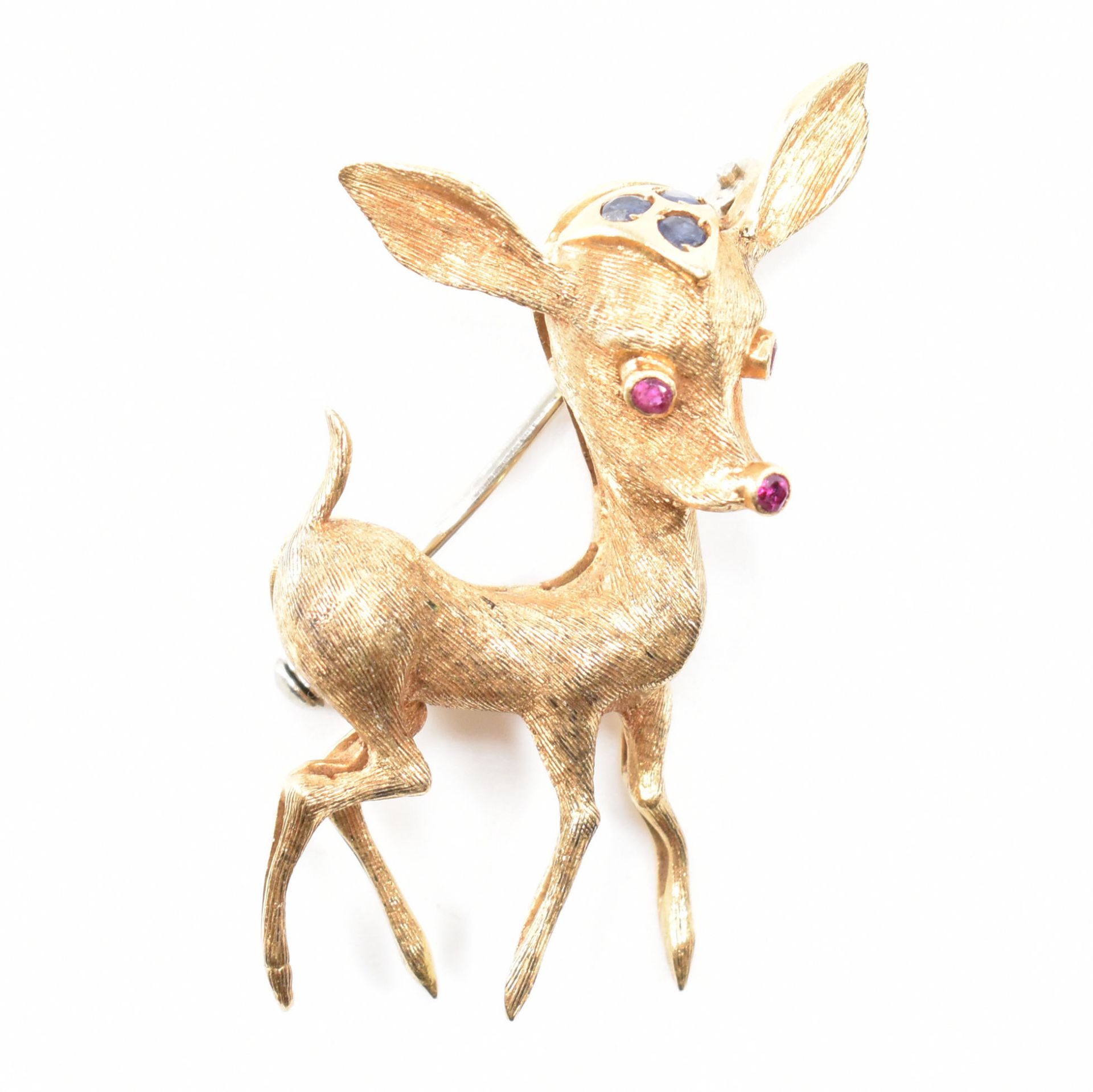 HALLMARKED 18CT GOLD SAPPHIRE & RUBY DEER BROOCH PIN