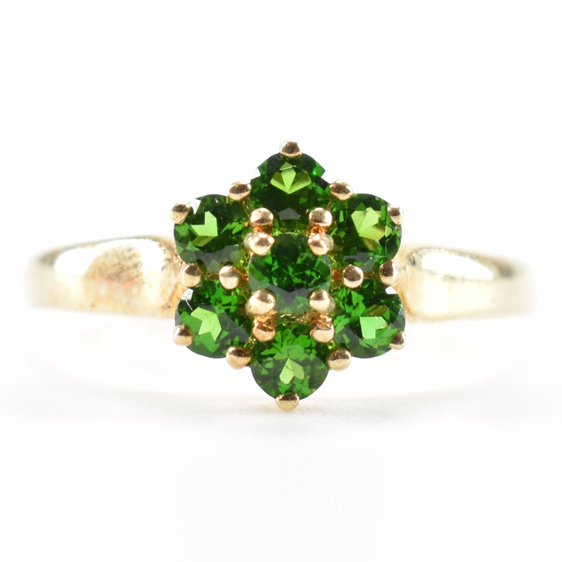 HALLMARKED 9CT GOLD & GREEN STONE CLUSTER RING