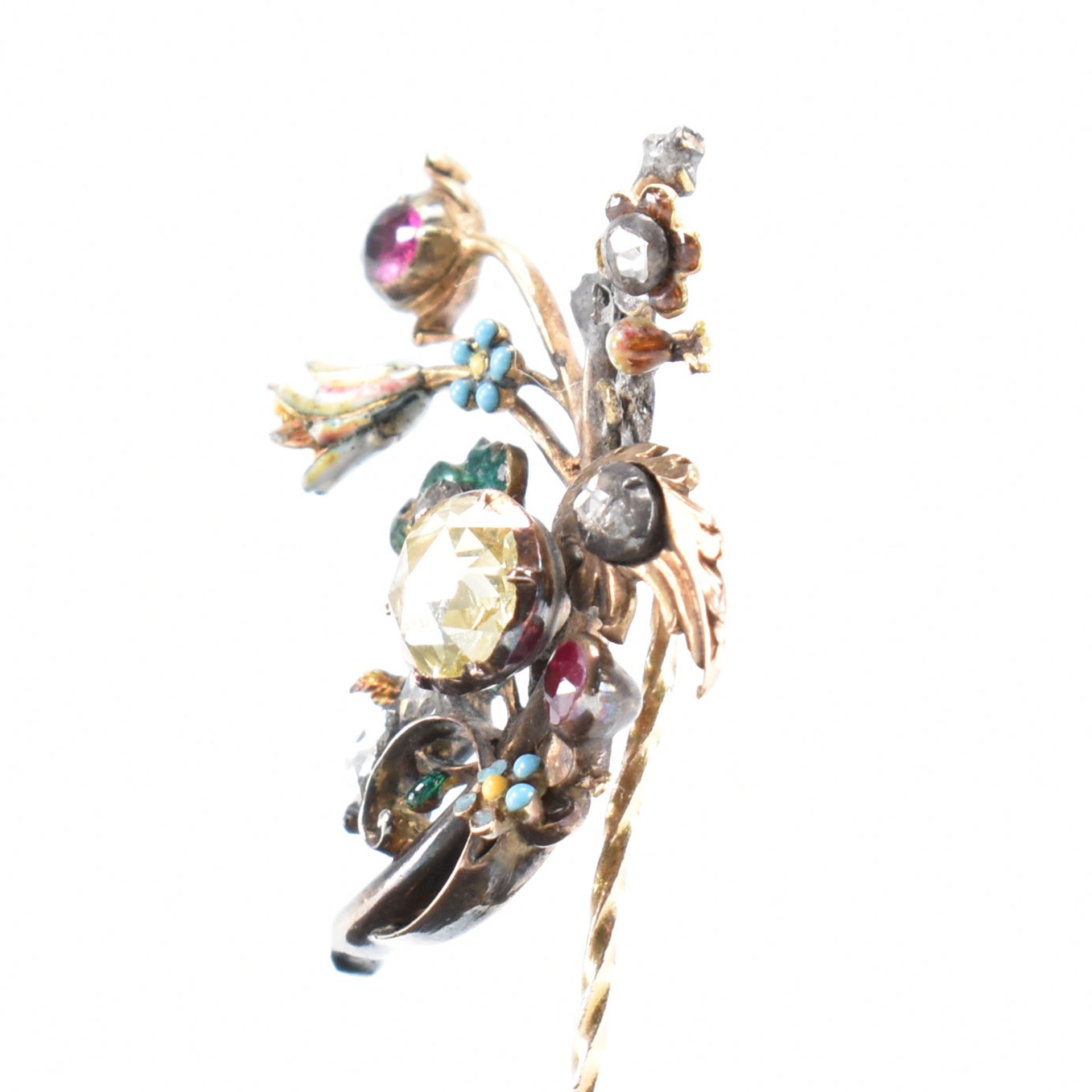ANTIQUE DIAMOND & RUBY ENAMELLED GIARDINETTO PIN - Image 4 of 8