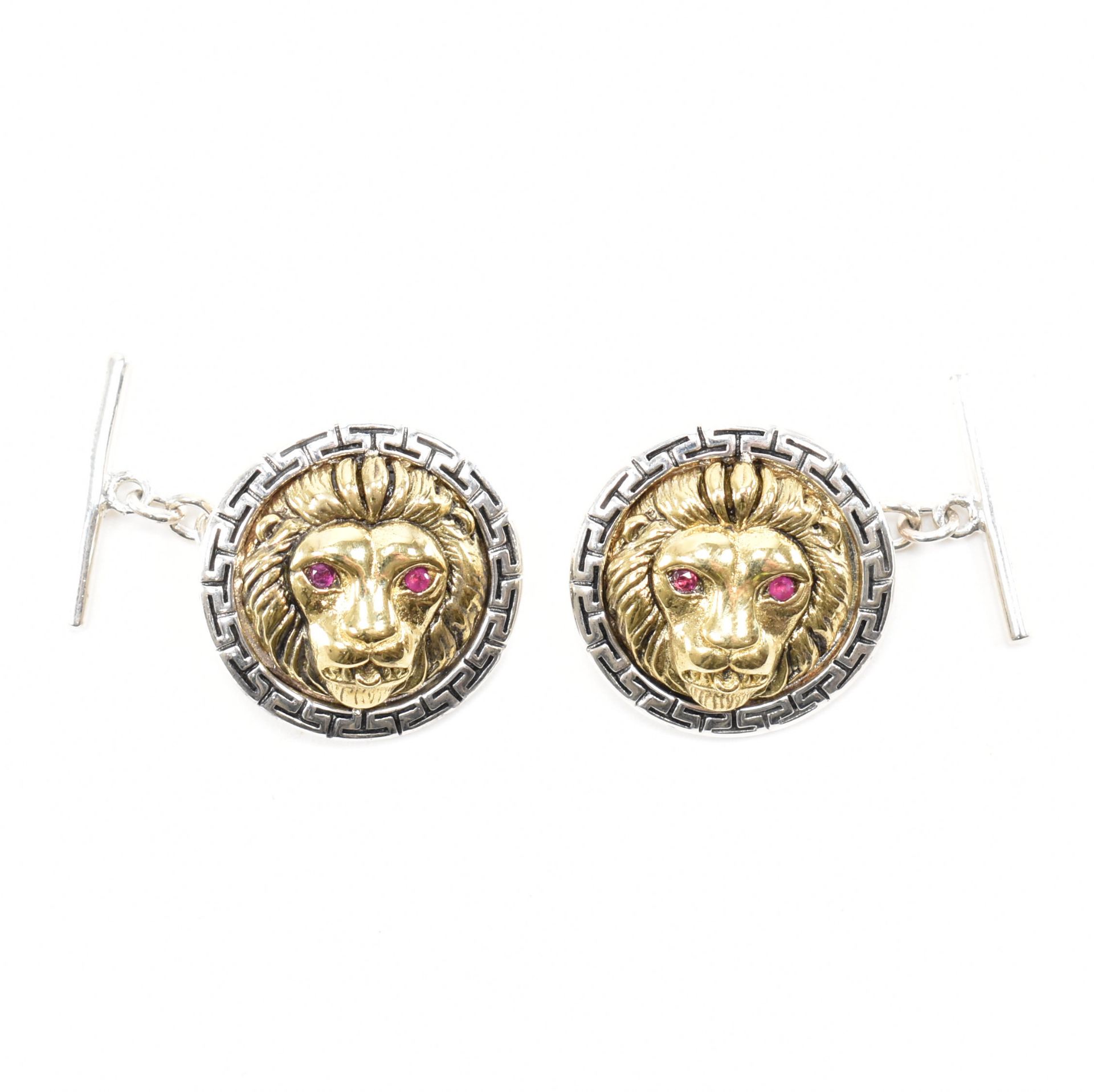 STERLING SILVER BI COLOUR RUBY SET LION CUFFLINKS