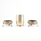 A PAIR OF GEORGE III CONDIMENT POTS TOGETHER WITH A VICTORIAN CHRISTENING CUP