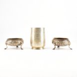 A PAIR OF GEORGE III CONDIMENT POTS TOGETHER WITH A VICTORIAN CHRISTENING CUP