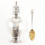 A GEORGE III SILVER BERRY SPOON TOGETHER WITH A GEORGE V SILVER CRUET