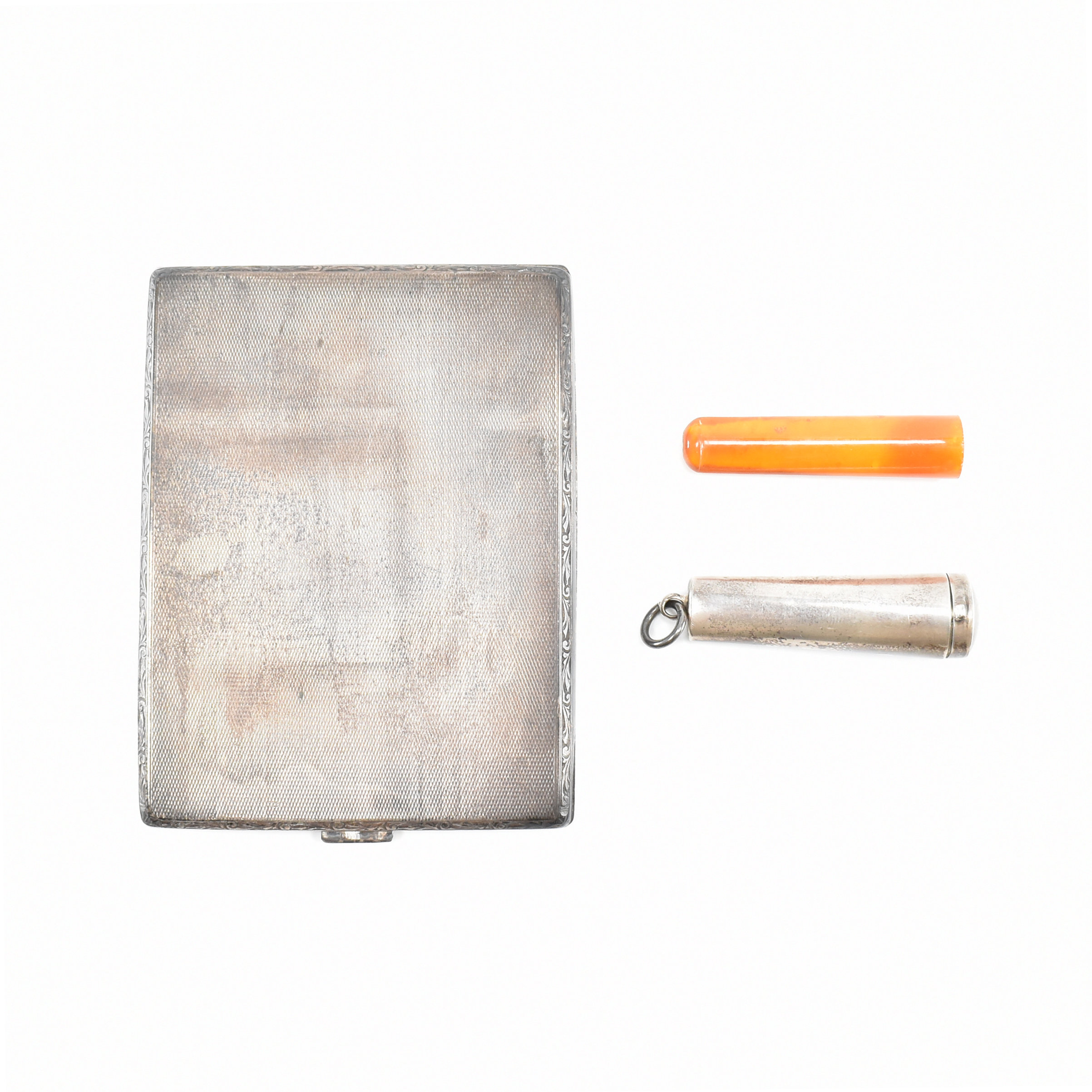 A SILVER CIGARETTE CASE COMPLETE WITH A CHEROOT HOLDER & CASE