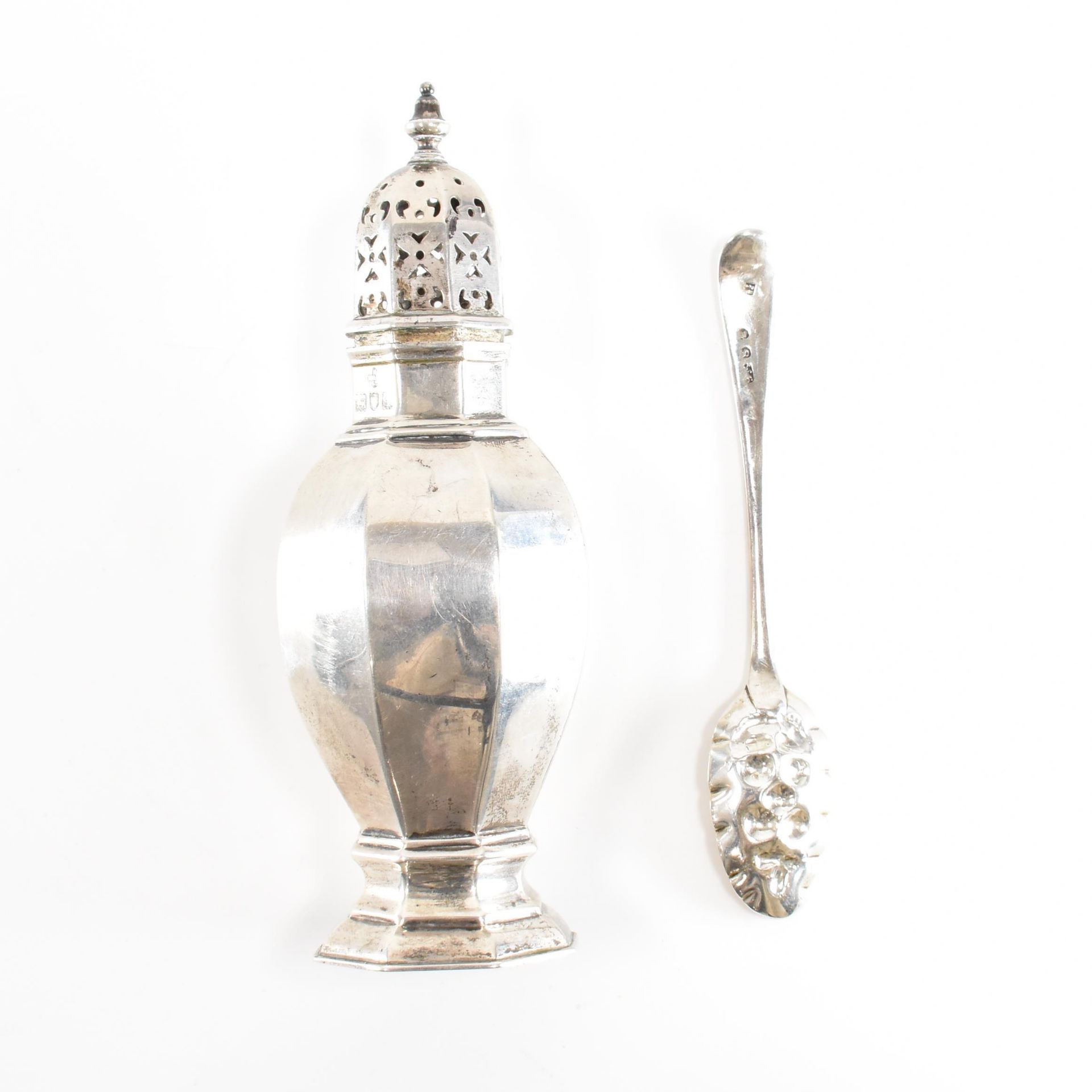 A GEORGE III SILVER BERRY SPOON TOGETHER WITH A GEORGE V SILVER CRUET - Image 2 of 4