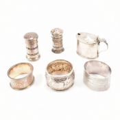 ASSORTMENT OF HALLMARKED VICTORIAN & LATER SILVER CONDIMENTS & NAPKIN RINGS