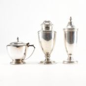 TWO MID-CENTURY SILVER PEPPER SHAKERS TOGETHER WITH A SILVER MUSTARD POT