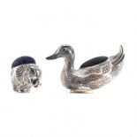 SILVER HALLMARKED ELEPHANT PIN CUSHION & SILVER DUCK PIN CUSHION