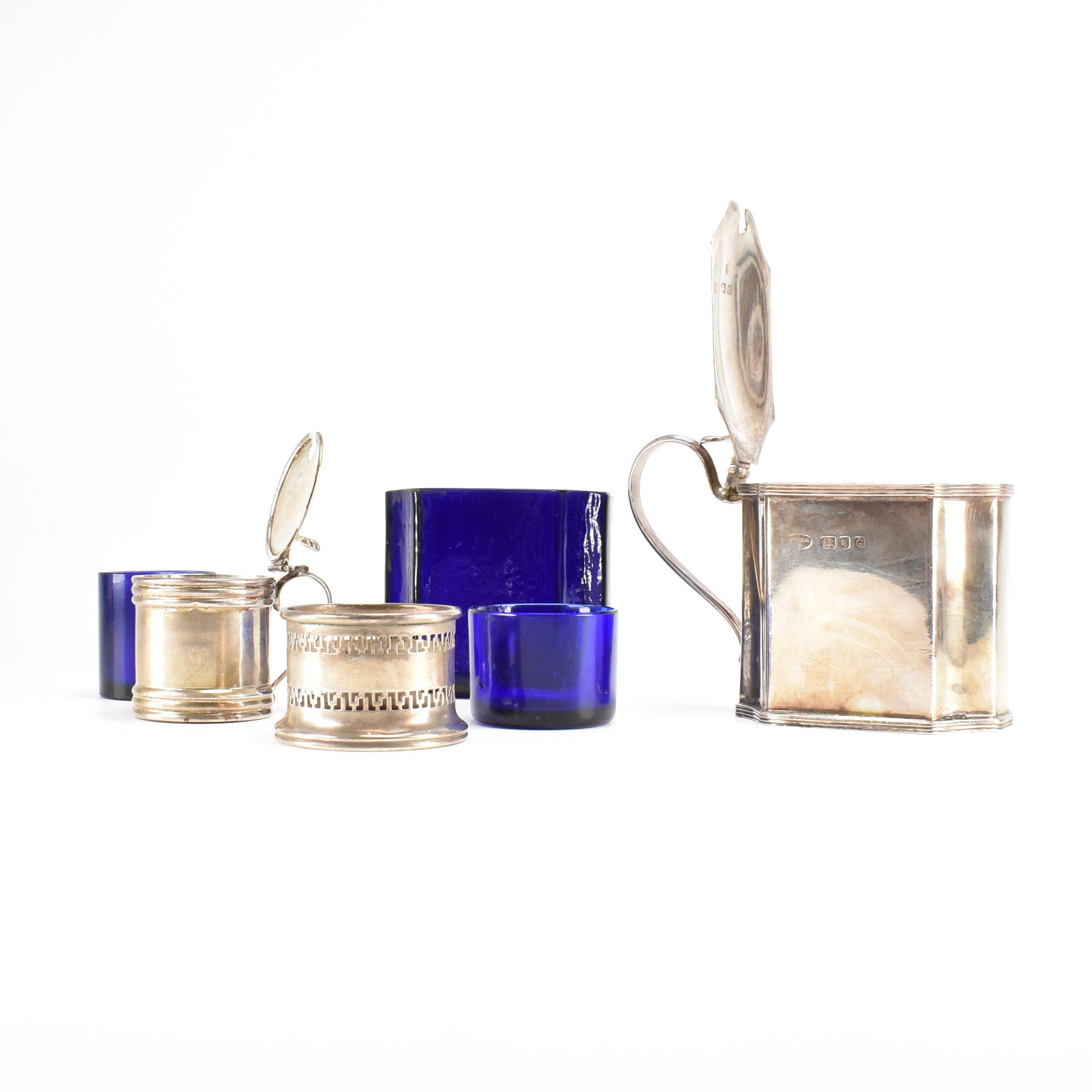 ASSORTED HALLMARKED SILVER & BLUE GLASS LINED CONDIMENTS - Image 2 of 6