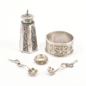 ASSORTMENT OF CHINESE SILVER ITEMS INCLUDING NAPKIN RING & SPOONS