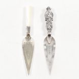 TWO SILVER MID CENTURY BOOKMARKS IN THE SHAPE OF A TROWEL