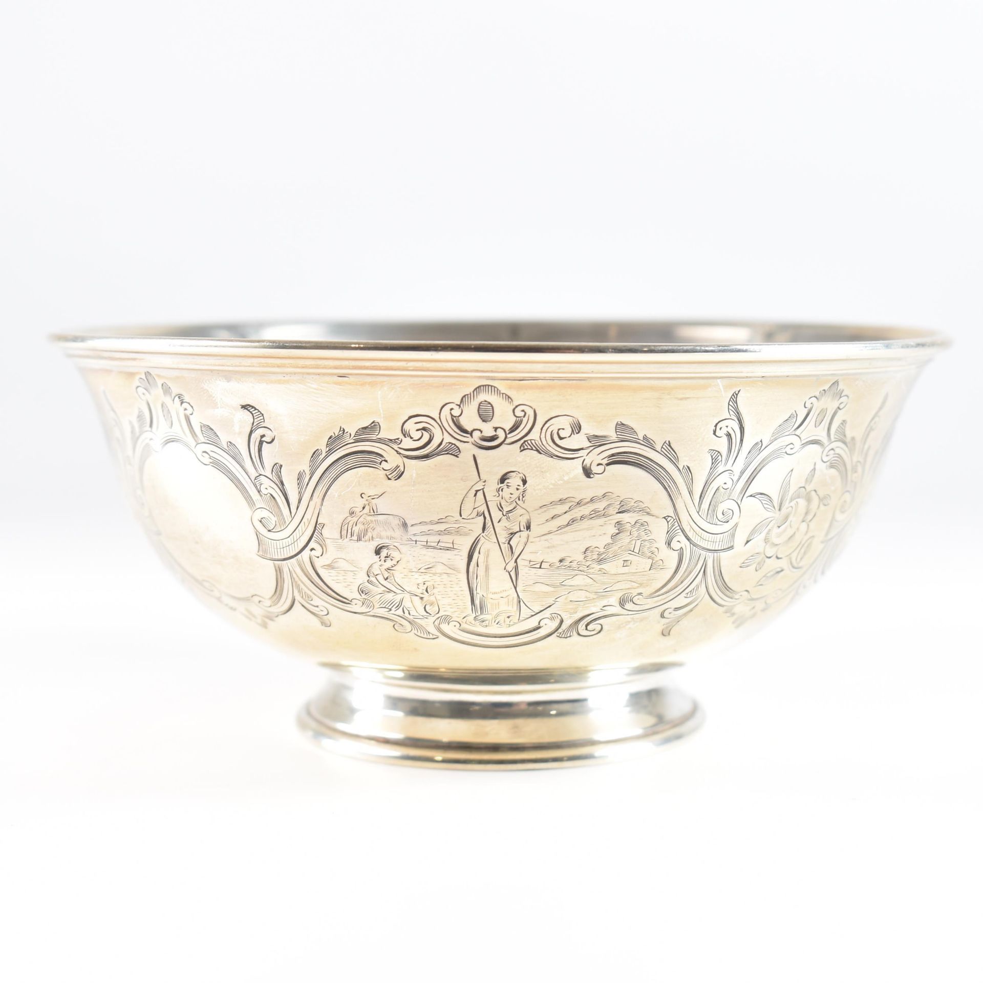 HALLMARKED VICTORIAN SILVER FARMING SCENE ETCHED DECORATION BOWL - Image 3 of 5