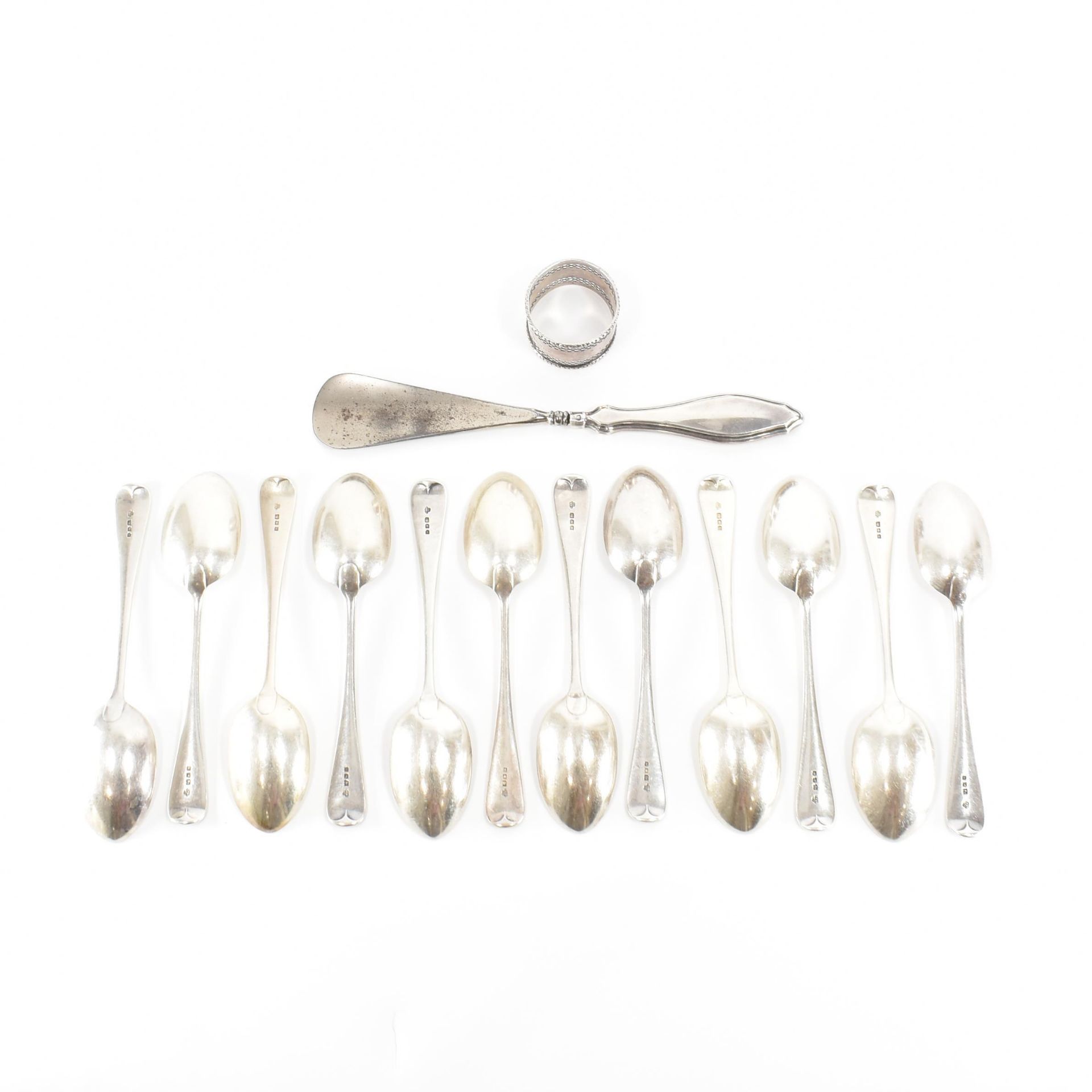 ASSORTMENT OF SILVERWARE INCLUDING SPOONS NAPKIN RING AND SHOE HORN - Image 2 of 5