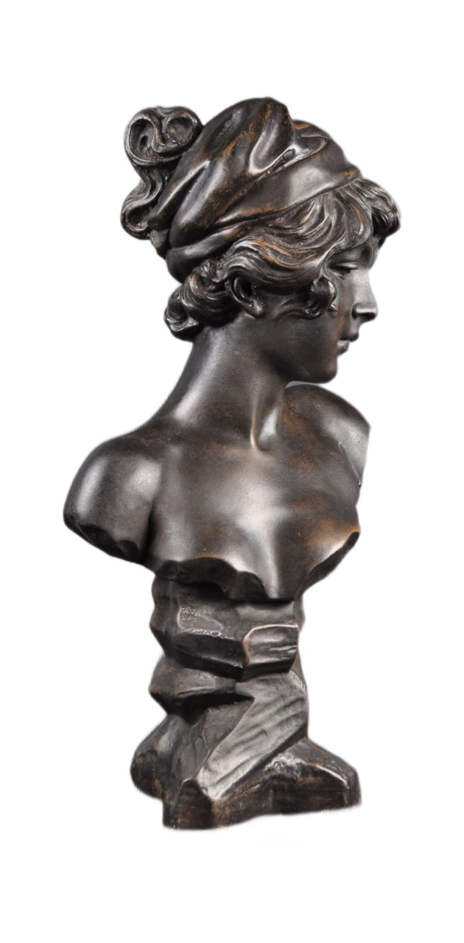 FAUX BRONZE BUST DEPICTING A YOUNG WOMAN