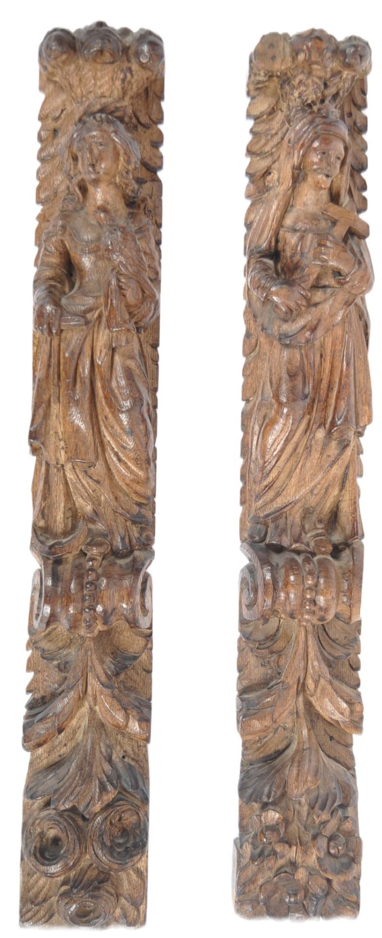 PAIR OF 17TH CENTURY CARVED FRUITWOOD PILASTERS