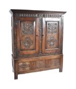 18TH CENTURY CARVED OAK HALL CUPBOARD / ARMOIRE