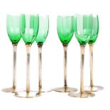 SET OF SIX GREEN GLASS AND SILVER GLASSES