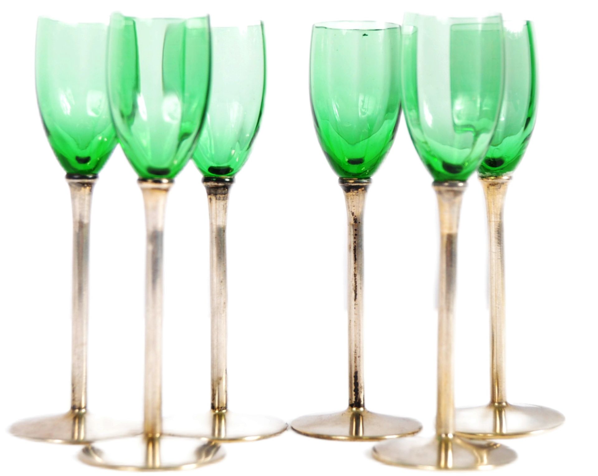 SET OF SIX GREEN GLASS AND SILVER GLASSES