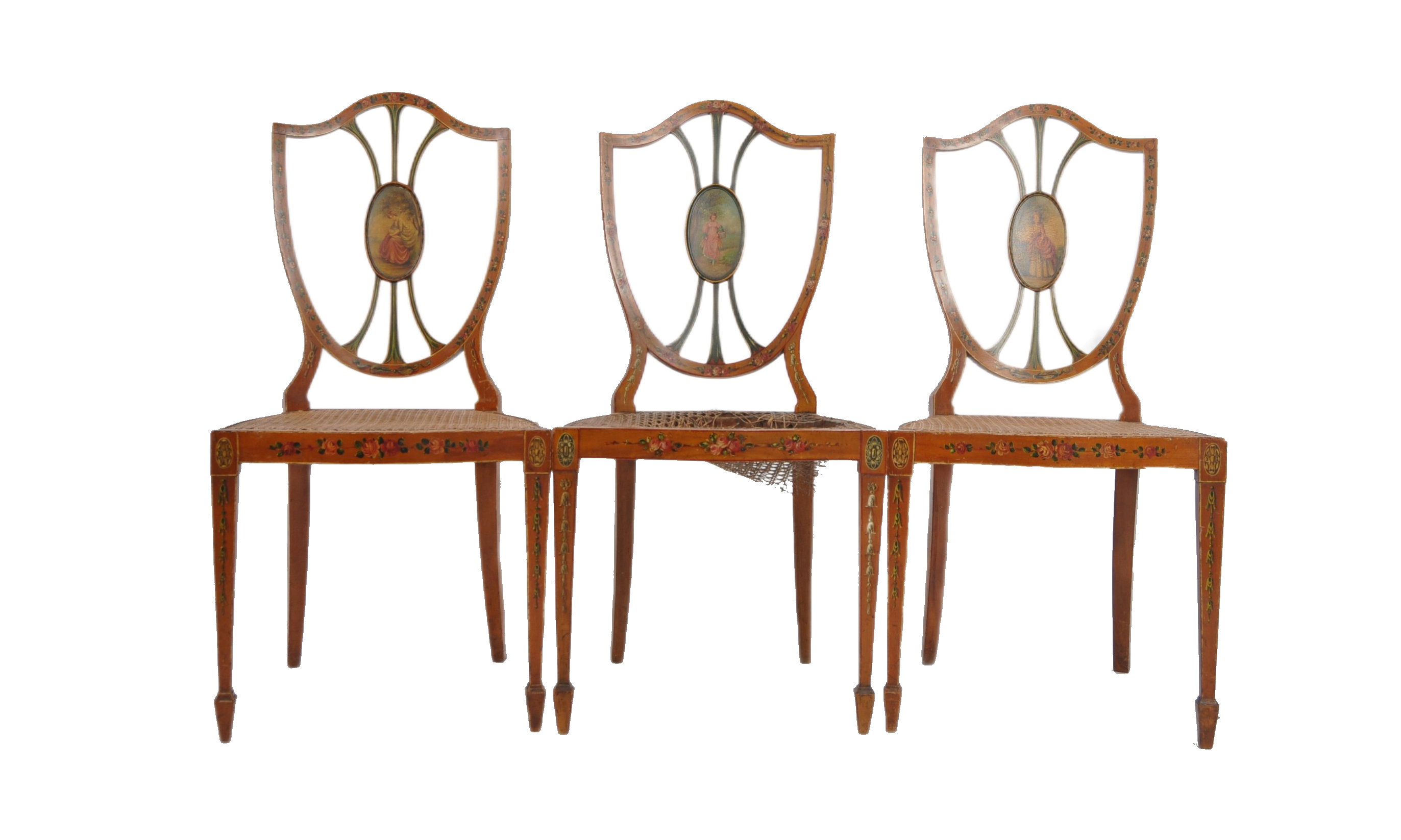 SET OF THREE PAINTED FAUX SATINWOOD SHIELD BACK CHAIRS