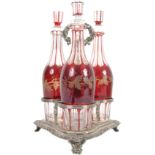 19TH CENTURY VICTORIAN CRANBERRY GLASS TRIPLE DECANTER SET