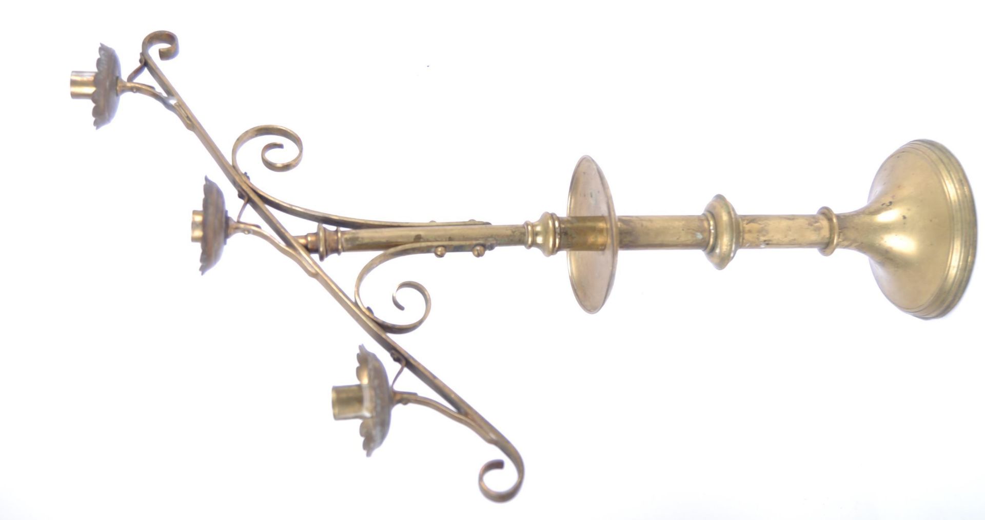 PAIR OF 19TH CENTURY BRASS TRIPLE SCONCE CANDLESTICKS - Image 3 of 8