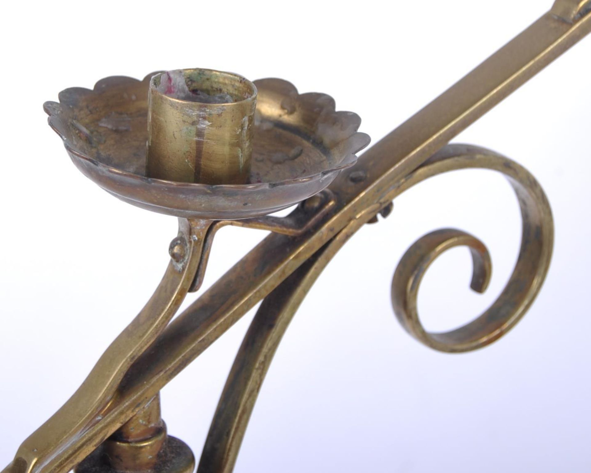 PAIR OF 19TH CENTURY BRASS TRIPLE SCONCE CANDLESTICKS - Image 5 of 8