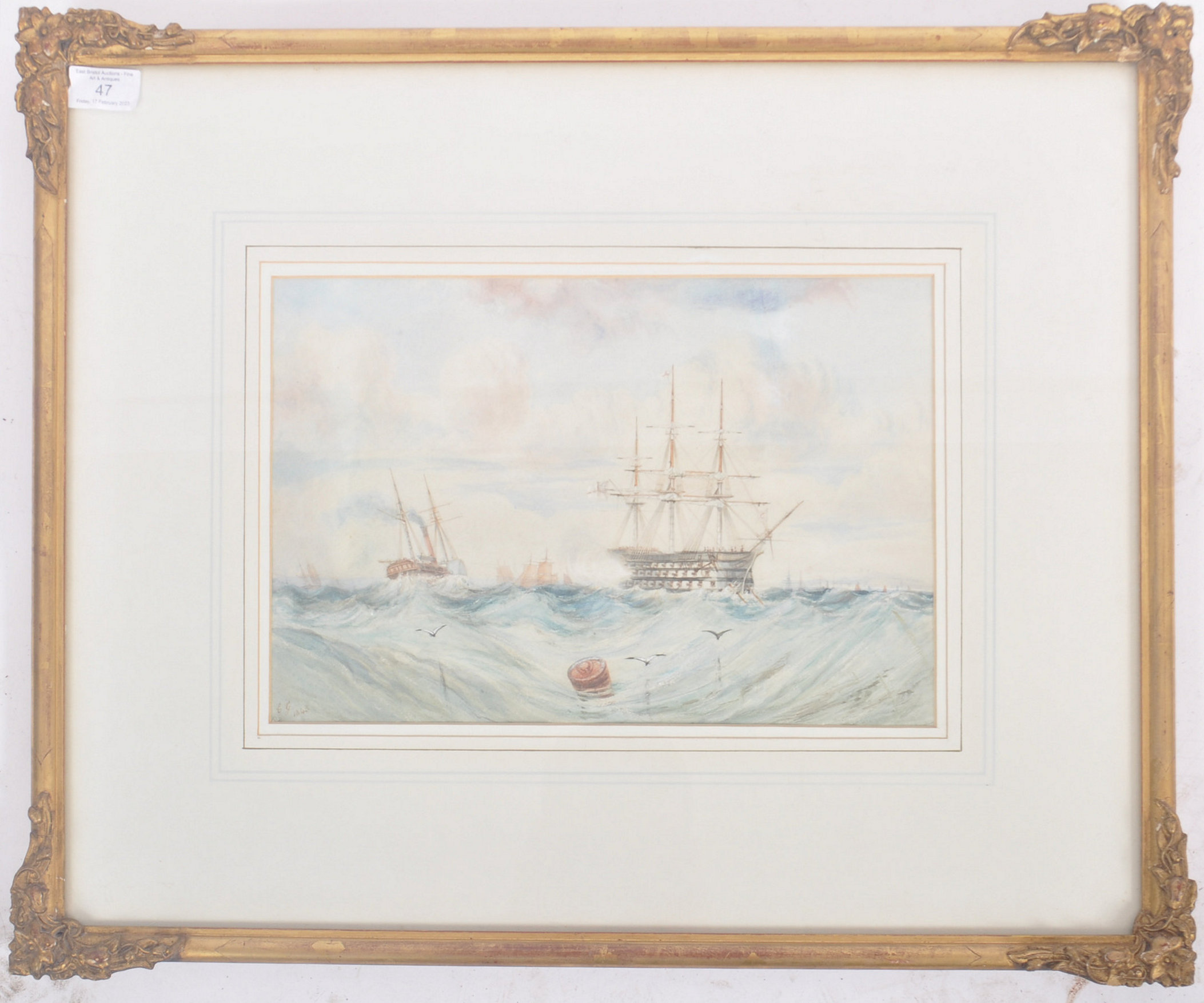 MID 19TH CENTURY VICTORIAN MARITIME WATERCOLOUR PAINTING - Image 2 of 7