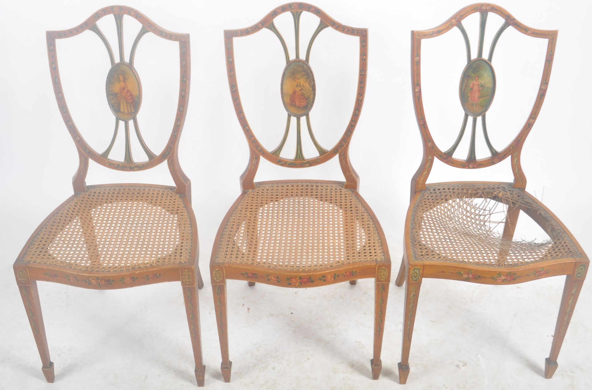 SET OF THREE PAINTED FAUX SATINWOOD SHIELD BACK CHAIRS - Image 2 of 8