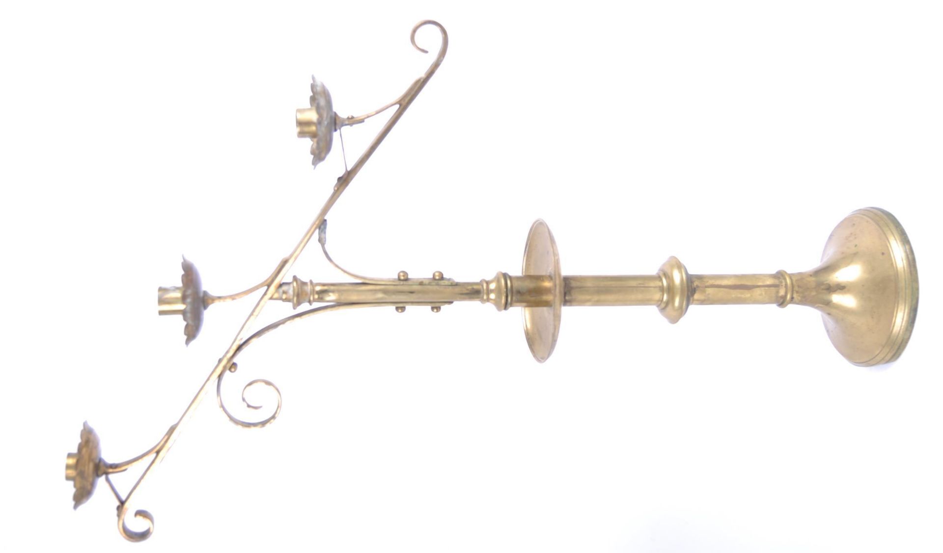 PAIR OF 19TH CENTURY BRASS TRIPLE SCONCE CANDLESTICKS - Image 2 of 8
